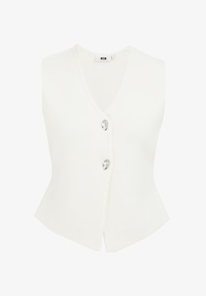 Valkoinen, hihaton liivi, jossa on V-pääntie, kolme hopeista nappia korostamassa muotoa, istuva malli, valmistettu ribbineuloksesta.