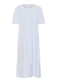 Modra in bela črtasta obleka s krožnim izrezom in kratkimi napihnjenimi rokavi. Tkanina ima teksturiran končni videz in sega do sredine teleta.