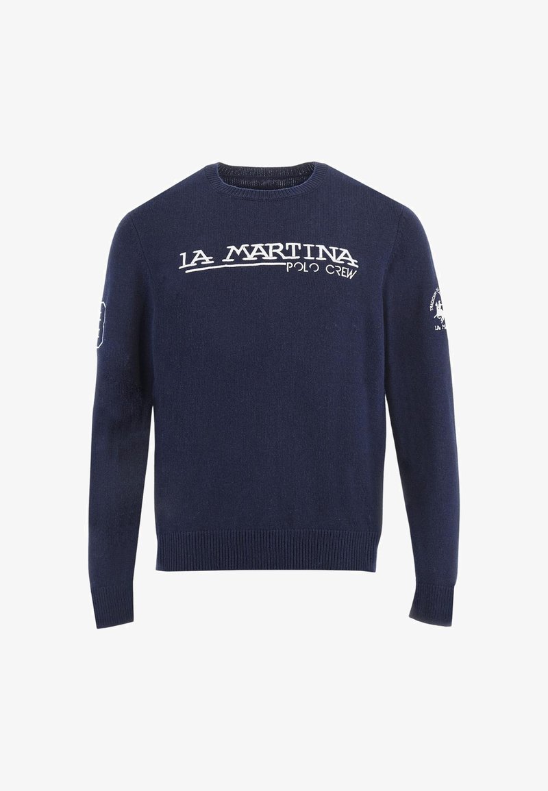 Pull bleu marine à col rond avec le texte « LA MARTINA POLO CREW » sur la poitrine et des logos sur les deux manches.