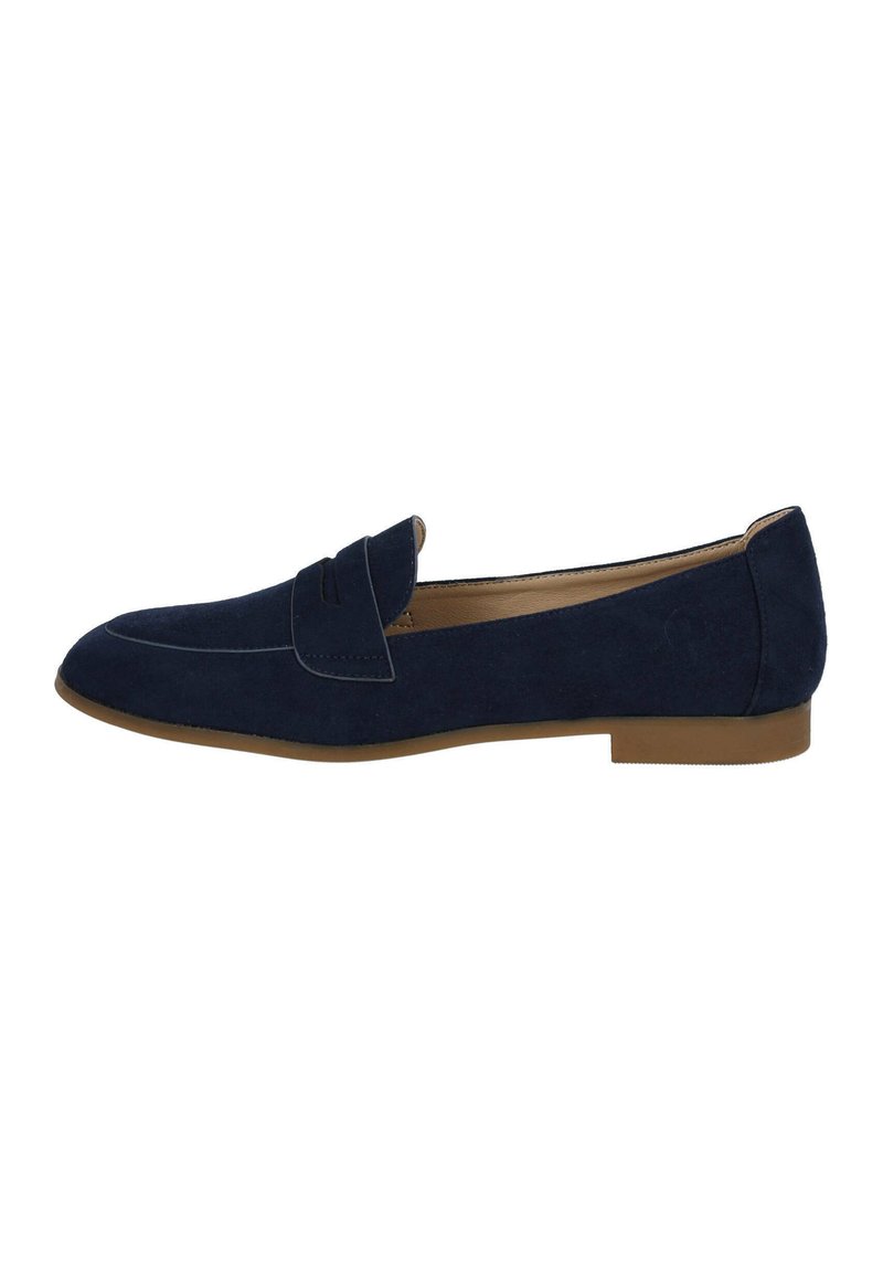 Mocassins en daim bleu marine avec un bout arrondi, des détails de couture décoratifs et un petit talon en caoutchouc pour plus d'adhérence. Design classique et élégant.