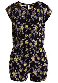Combinaison florale à manches courtes avec un fond bleu marine. Présente des fleurs jaunes et grises, une taille élastique et un détail en trou de serrure dans le dos.