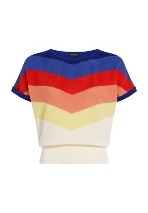 Top in maglia con strisce a chevron multicolore in blu, rosso, pesca, giallo e crema. Maniche corte e scollatura arrotondata.