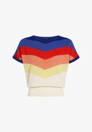 Top in maglia con strisce a chevron multicolore in blu, rosso, pesca, giallo e crema. Maniche corte e scollatura arrotondata.