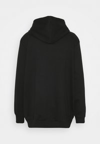 Black sweatshirt with a hood, featuring a smooth texture and ribbed cuffs. The design is simple with no visible logos or patterns.