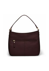 Borsa in pelle bordeaux con finitura testurizzata, caratterizzata da una parte superiore curva, una tracolla singola e una tasca con zip frontale. Accenti in metallo dorato.