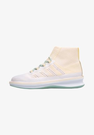 High-top athletic shoe in white and pale yellow fabric, featuring perforated panels, light blue laces, and a flexible mint green sole.