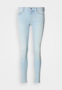 Φαρδιά τζιν παντελόνια σε ανοιχτό μπλε χρώμα από τζιν ύφασμα, με πέντε τσέπες, κούμπωμα με κουμπί και φερμουάρ, και ξεθωριασμένη υφή σε όλη την επιφάνεια.