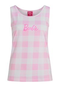 Top de tirantes a cuadros rosa y blanco con escote redondeado. Presenta el logo de "Barbie" en rosa en el pecho. Hecho de una tela suave.