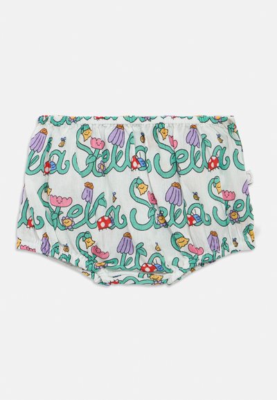 Virágmintás gyerek rövidnadrág fehér anyagból, amely vidám virág-, gomba- és rovarillusztrációkat tartalmaz élénk színekben. Rugalmas derékpánt.