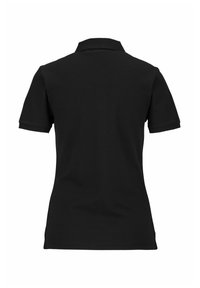 Zwarte poloshirt van katoen, met een ribbelkraag, korte mouwen en een gladde textuur. De achterkant is eenvoudig zonder zichtbare logo's.