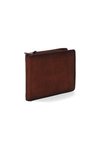 Bruine leren portemonnee met een gladde matte afwerking, rits slot en reliëflogo. Compact rechthoekige vorm met strakke lijnen.