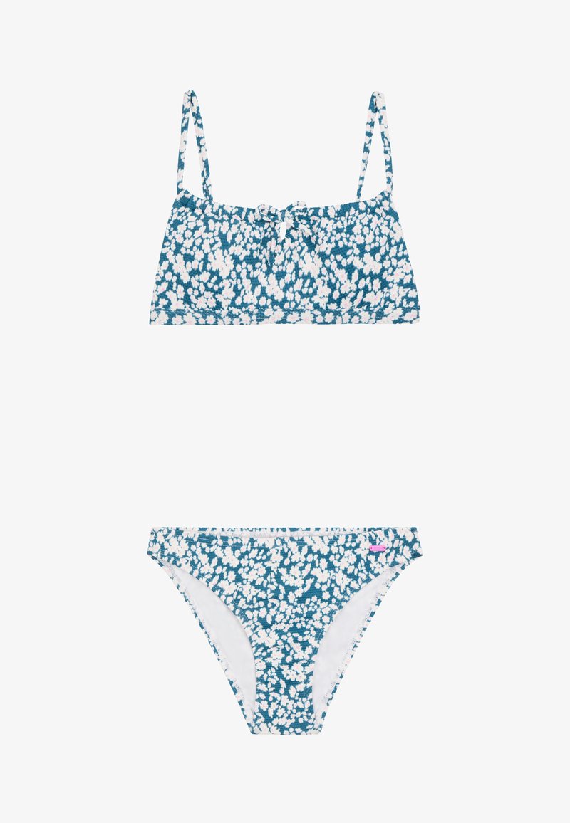 Blauwe bikini met een wit en roze bloemenpatroon, met een strikje bovenaan en een roze label op de onderkant aan de linkerkant.