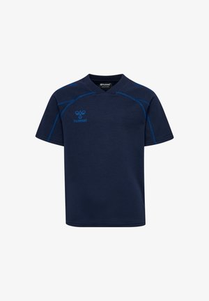 Marineblaues T-Shirt mit kurzen Ärmeln aus Baumwolle. Verfügt über kontrastierende blaue Nähte und ein Logo auf der Brust. V-Ausschnitt-Design.