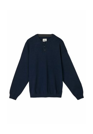 Navyblauer Langarm-Henley-Pullover mit drei Knöpfen am Hals, gerippten Bündchen und einem gerippten Saum.