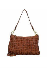 Borsa a tracolla in pelle intrecciata marrone con chiusura a zip, manico corto e tracolla lunga regolabile. Presenta dettagli in ottone.