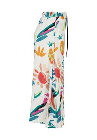Falda maxi blanca con estampados florales y vegetales abstractos y coloridos, con cintura elástica y abertura lateral.