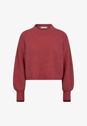 Roter, verkürzter Pullover aus einem gerippten Strickmaterial mit hohem Halsausschnitt und zwei Metallakzenten sowie weiten Ärmeln.