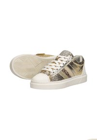 Metallic gold and silver sneakers with a textured finish, contrasting white toe cap, and white laces. Features animal print accents and rubber soles.