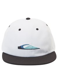 Gorra blanca con visera curva negra, que presenta un logo bordado en azul y turquesa en la parte frontal. Cuatro ojales negros para ventilación.