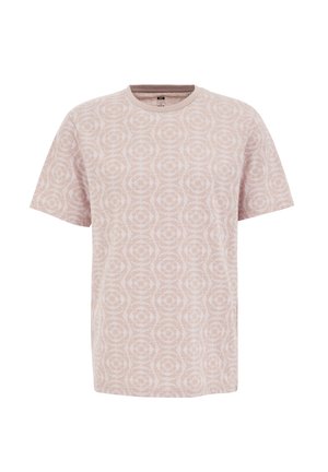 Ljusrosa kortärmad T-shirt i bomull, med ett blommigt mönster och en rundad halslinning med kontrasterande kant.