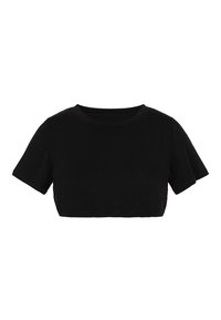 Sort cropped t-shirt med korte ærmer, rund halsudskæring, lavet af blødt stof, med et enkelt design og en glat overflade.