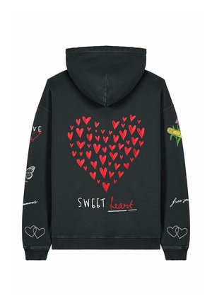 Black hoodie featuring a large red heart design surrounded by smaller hearts, with "SWEET heart" text and various graphics on the sleeves.