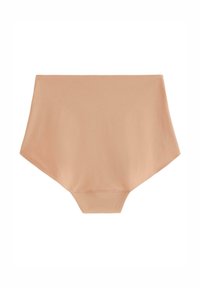 Beige högmidjad bikiniunderdel gjord av ett smidigt material, med en design som ger full täckning utan synliga sömmar eller mönster.
