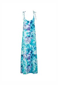 Abito maxi senza maniche in tessuto leggero. Presenta un motivo tie-dye blu e teal con accenti viola. Spalline regolabili.