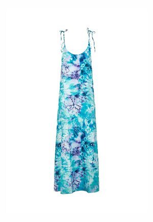 Abito maxi senza maniche in tessuto leggero. Presenta un motivo tie-dye blu e teal con accenti viola. Spalline regolabili.
