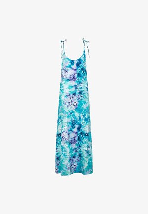 Abito maxi senza maniche in tessuto leggero. Presenta un motivo tie-dye blu e teal con accenti viola. Spalline regolabili.