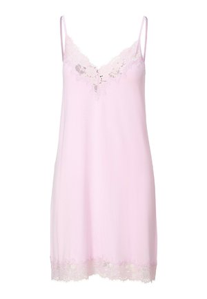 Lyserød satin-natkjole med blonder på V-udskæring og kant, med tynde spaghetti-stropper.
