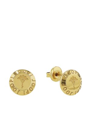 Boucles d'oreilles clous rondes en or avec un motif floral embossé au centre et le texte "JOOP!" autour des bords.