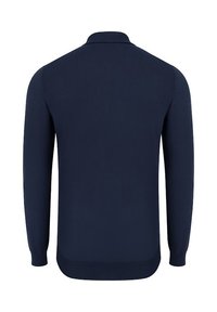 Granatowy sweter z długim rękawem z okrągłym kołnierzem, ściągaczowymi mankietami i dołem, pokazany od tyłu.