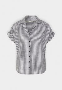 Gestreepte korte mouw shirt in grijs en wit. Voorzien van een knopenlijst aan de voorkant, opgerolde kraag en een losse pasvorm met een rechte zoom.