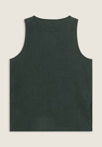 Canotta senza maniche di un verde scuro con una texture liscia, scollo rotondo e bordi puliti, priva di fantasie o decorazioni.
