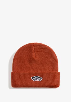Knitted beanie in burnt orange, featuring a turned-up cuff and a white Vans "Off the Wall" logo patch. Textured, stretchable material.