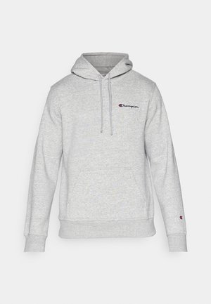 Light grey hoodie made of soft fabric, featuring a kangaroo pocket, drawstring hood, and embroidered Champion logo on the chest.
