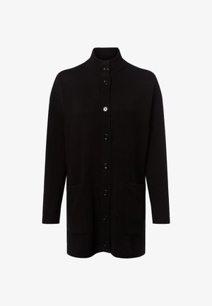 Schwarze Strickjacke mit hohem Kragen, Knopföffnung und zwei vorderen Taschen. Verfügt über eine gerippte Textur und lange Ärmel.