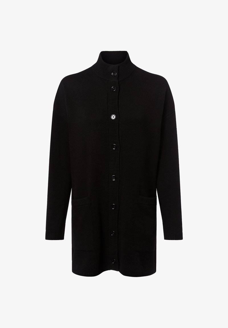 Schwarze Strickjacke mit hohem Kragen, Knopföffnung und zwei vorderen Taschen. Verfügt über eine gerippte Textur und lange Ärmel.