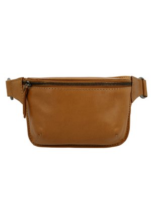 Brown leather fanny pack with a zipper closure, flat design, adjustable strap, smooth texture, and subtle stitching details.