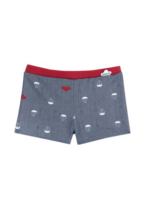 Katoenen jongensshorts in een navy blauwe gemêleerde patroon, met een rode elastische tailleband en graphics van een witte zeilboot en parachute.