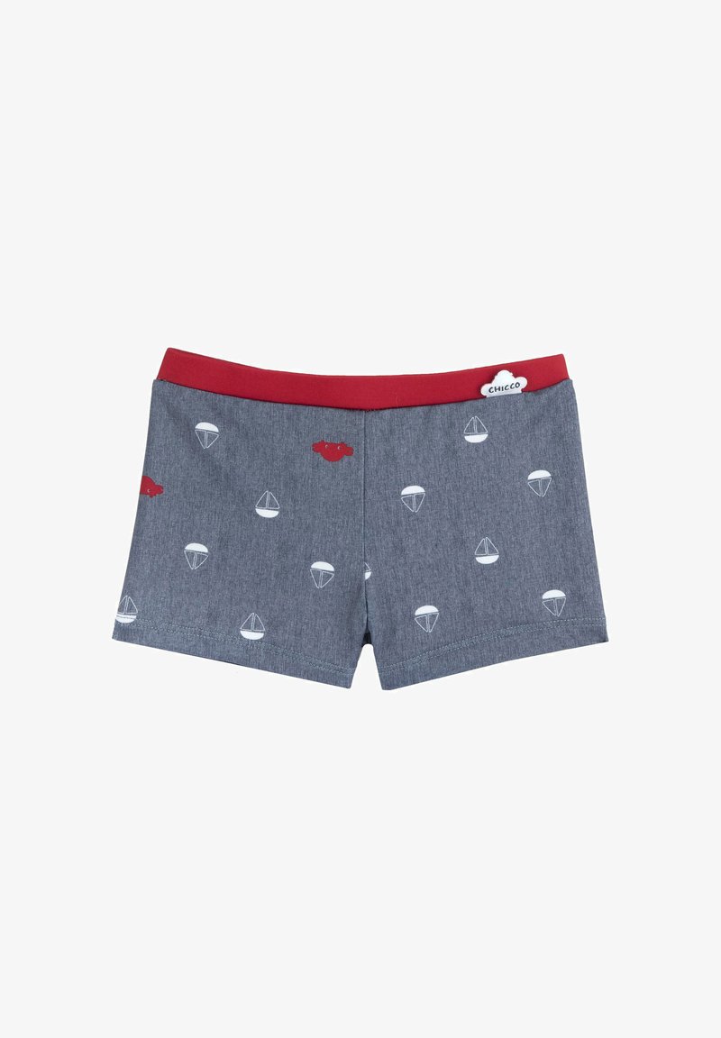 Shorts pour garçon en mélange de coton avec un motif bleu marine chiné, dotés d'une ceinture élastique rouge et de graphismes de voilier et de parachute blancs.
