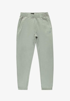 Lichtgrijze sweatpants met een elastische tailleband, twee zijzakken en subtiele tekstdetails "Create Your Stories". Zachte gomtextuur.