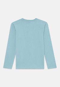 Hellblaues Langarmshirt aus weichem Stoff, mit rundem Ausschnitt und einfachen Nähten am Saum und an den Bündchen. Keine Muster oder Akzente.