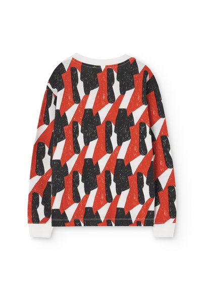 Långärmad sweatshirt i bomull, med ett geometriskt mönster i röd, svart och vit, med enfärgade accenter vid ärmsluten.
