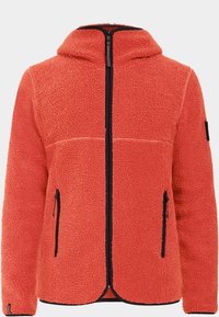 Orange fleecejacka med dragkedja fram, huva och svarta dragkedjefickor. Texturerad yta med kontrasterande svarta sömmar och detaljer.