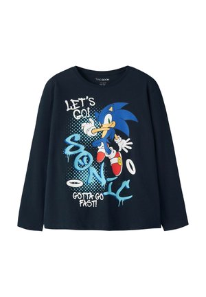 Granatowa koszula z długim rękawem z kolorową grafiką Sonic the Hedgehog i tekstem mówiącym "Let's go! Sonic gotta go fast!"