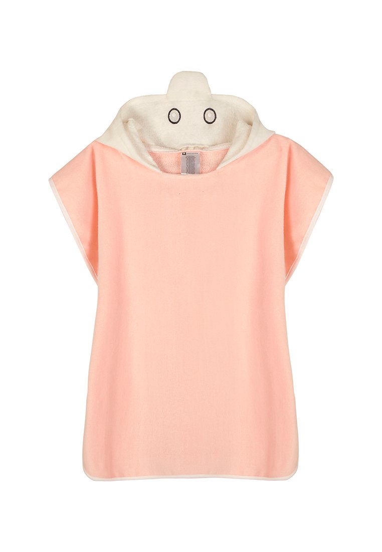 Poncho de algodón en suave rosa con un forro blanco. Presenta una capucha con ojitos de botón negros y mangas cortas. Textura suave en toda su superficie.