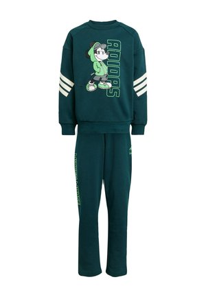 Grön bomullssweatshirt och byxor med en tecknad karaktär, vita ränder på ärmarna och tryckta varumärkesdetaljer. Avslappnad passform.