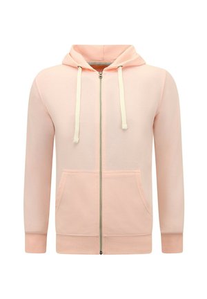 Lichtroze hoodie met ritssluiting, trekkoorden en zakken aan de voorkant, afgebeeld op een witte achtergrond.